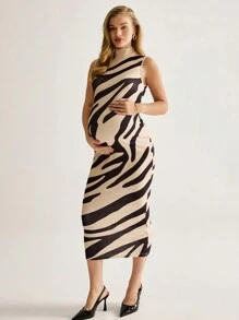 MaterniWear Maternity Crew Neck Sleeveless Detailed Pattern Casual Fitted Dress