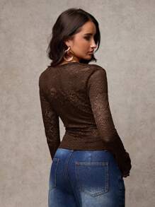 SHEIN BAE 1 件女式纯色蕾丝边修身长袖衬衫，休闲日常穿着 - 咖啡棕 - 查看 4