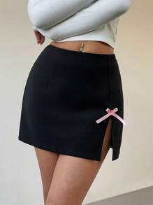 Aloruh Side Slit Contrast Color Bow Decor Romantic Valentine's Date Elegant Skirt, Pink