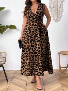 SHEIN Clasi 大码女式豹纹无袖翻领收腰长裙