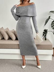 SHEIN Clasi 女士珍珠装饰圆领紧身毛衣连衣裙、派对装 - 灰色 - 查看 5