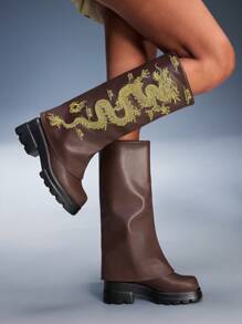 CUCCOO GRLICON Women's Dragon Embroidered Over-The-Knee Boots, Y2K Punk Style, Suitable For Halloween, Christmas, Party Outfits - Brown - View 13
