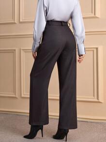 EURMUSE Wool-Like Paper Bag Buckle Belted Wide Leg Women's Pants - Dark Grey - View 2