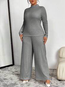 Calvaya Plus Size 3pcs Women's Set: Warm & Soft Brushed Ribbed High Neck Long Contrast Trim Wide Leg Trousers - Grey - View 6
