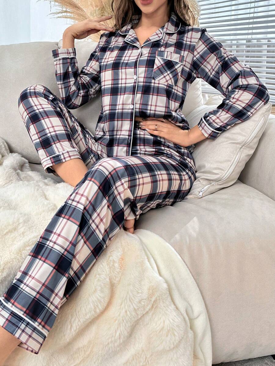 Multi-Color Plaid Print Lapel Long Sleeve Pajama Set, Fall Winter Clothes Cozy And Elegant Details