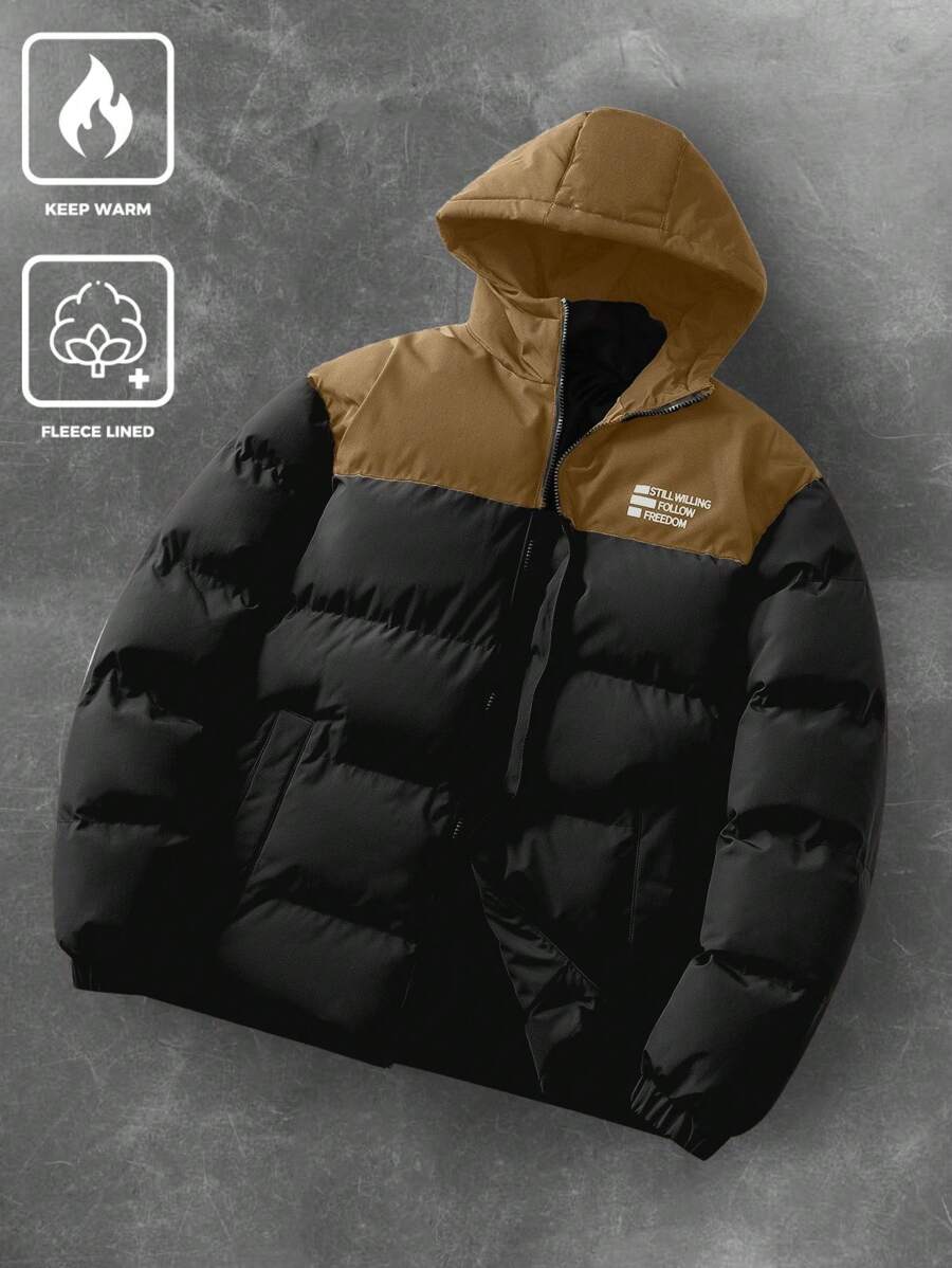 Manfinity EMRG 男士休闲彩色块字母印花连帽棉衣，冬季，男士冬季外套，彩色块加绒保暖冬季外套