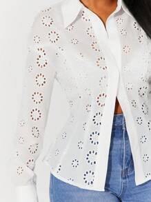 SHEIN SXY Boho White Linen Eyelet Embroidery Long Sleeve Shirt, Spring/Summer Holiday Wear - White - View 4