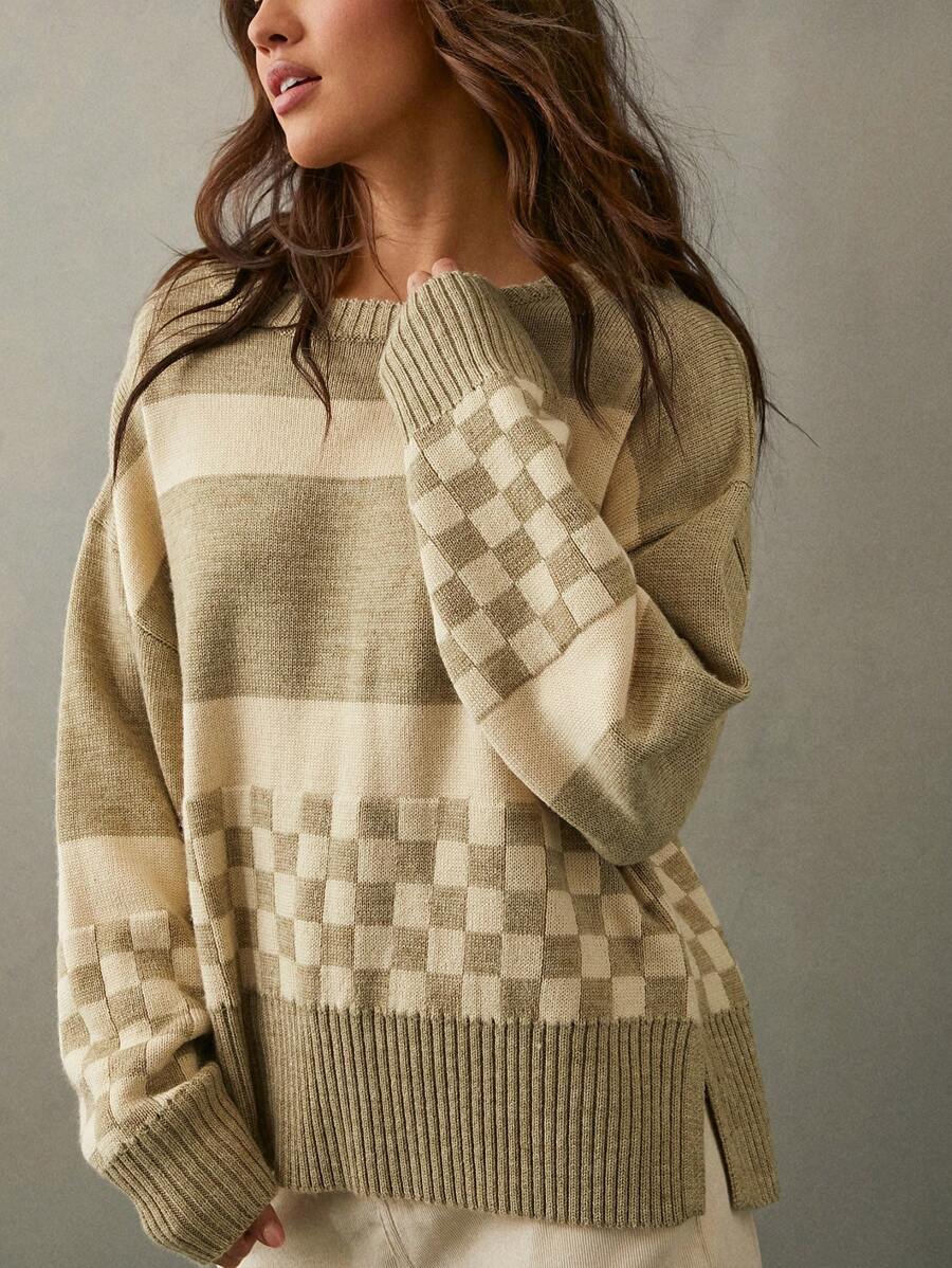 WESTFADE 拼色棋盘格圆领套头针织毛衣