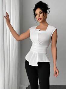 Elenzga Blusa asimétrica sin mangas casual/para el trabajo, de cintura elegante y ajustada, para primavera/verano - Blanco - Ver 4