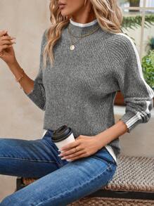 EMERY ROSE Suéter informal para mujer de manga raglán con cuello alto y bloques de color - Gris Claro - Ver 4