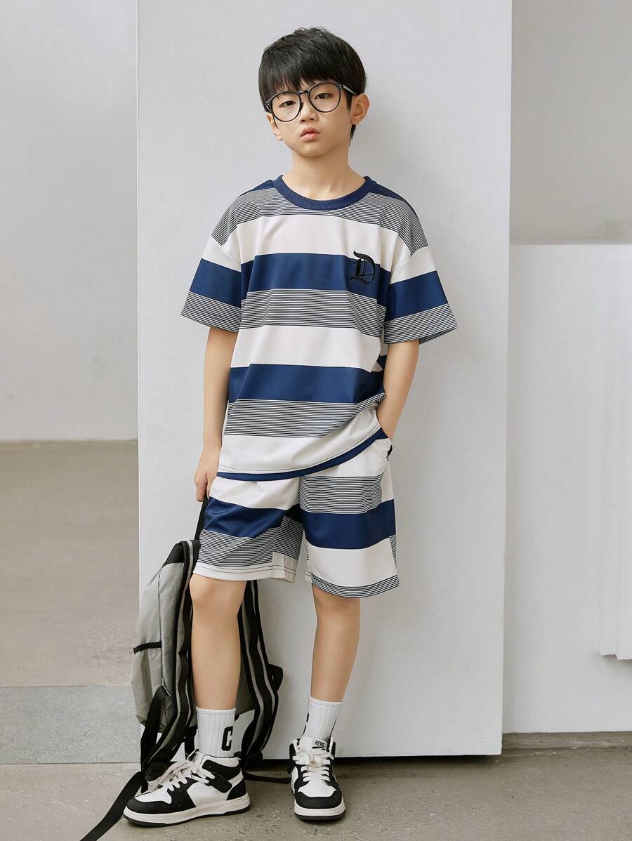 Tween Boy 2 Pieces Set,Blue White Stripe Crew Neck Short Sleeve Top And Shorts Outfit,Casual Modern Street Style For School,Back-To-School,Summer - Multicolor - View 1
