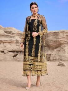 Al Najma 女士花卉网眼长袖长袍和连衣裙阿拉伯服装套装 - 黑色 - 查看 6