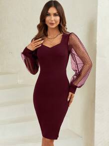 SHEIN Clasi Women's Polka Dot Mesh Puff Sleeve Bodycon Dress - Burgundy - View 4