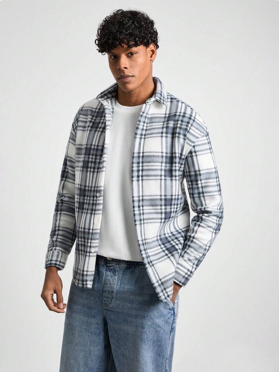 SHEIN Cottnline Men Plaid Printed Soft Fabric Regular Jacket - Dark Grey - View 1