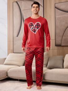 CoupledUp Set de 2 piezas Pijama con estampado de cuadros rojos con forma de corazón para hombre, ropa de estar en casa a juego para pareja, regalo del Día de San Valentín