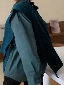 Flirla 大码女式纯色圆领休闲针织上衣，秋冬 - 水鴨藍 - 查看 4