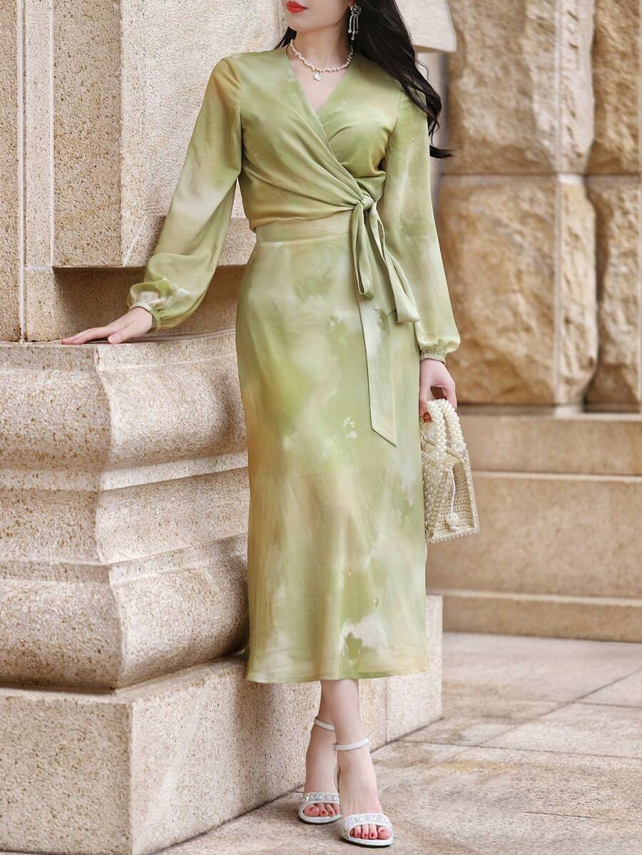 DAZY 女士两件套:格子V领泡泡袖系带衬衫和半身裙,秋季女装复活节 - 綠色 - 查看 1