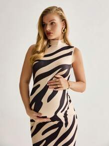 MaterniWear Maternity Crew Neck Sleeveless Detailed Pattern Casual Fitted Dress