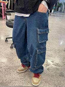 Claim Dot Men's Utility Pocket Casual Cargo Wide Leg Jeans - Medium Wash - View 1