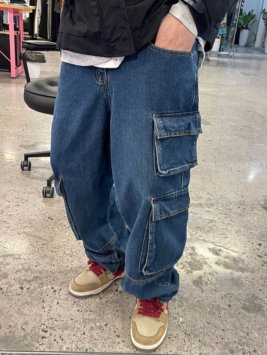 Claim Dot Men's Utility Pocket Casual Cargo Wide Leg Jeans - Medium Wash - View 1