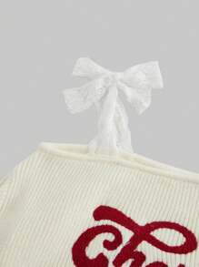 ROMWE Kawaii Cute Mori Style Holiday Cherry Embroidered Lace Tie Bow Lantern Sleeve Fitted Plus Size Cardigan, Apricot