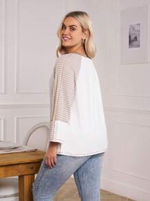 SHEIN LUNE 1 pièce T-shirt ample à manches longues, col rond, à rayures, pour femme grande taille - Beige - Voir 2