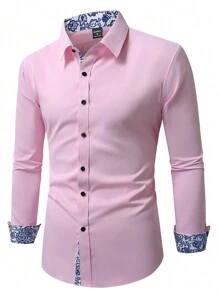 Manfinity Mode Plain Color Long Sleeve Casual Shirt, Simple And Fashionable For Everyday Wear, Elegant Pink Shirt Men, Men's Luxury Pink Shirt, Fall - Pink - View 5