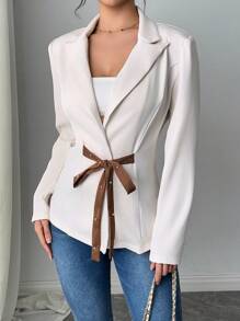 SHEIN Privé Women Beaded Decor Lace-Up Waist Blazer - White - View 6