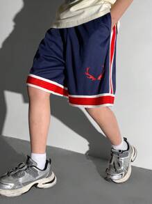 SHEIN Tween Boys' Casual College Style Splice Contrast Color Waist Drawstring Loose Knit Shorts - Royal Blue - View 1