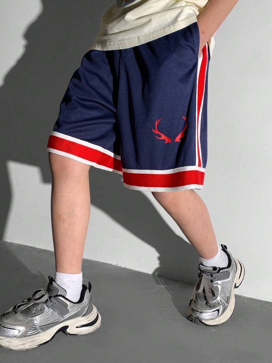 SHEIN Tween Boys' Casual College Style Splice Contrast Color Waist Drawstring Loose Knit Shorts - Royal Blue - View 1