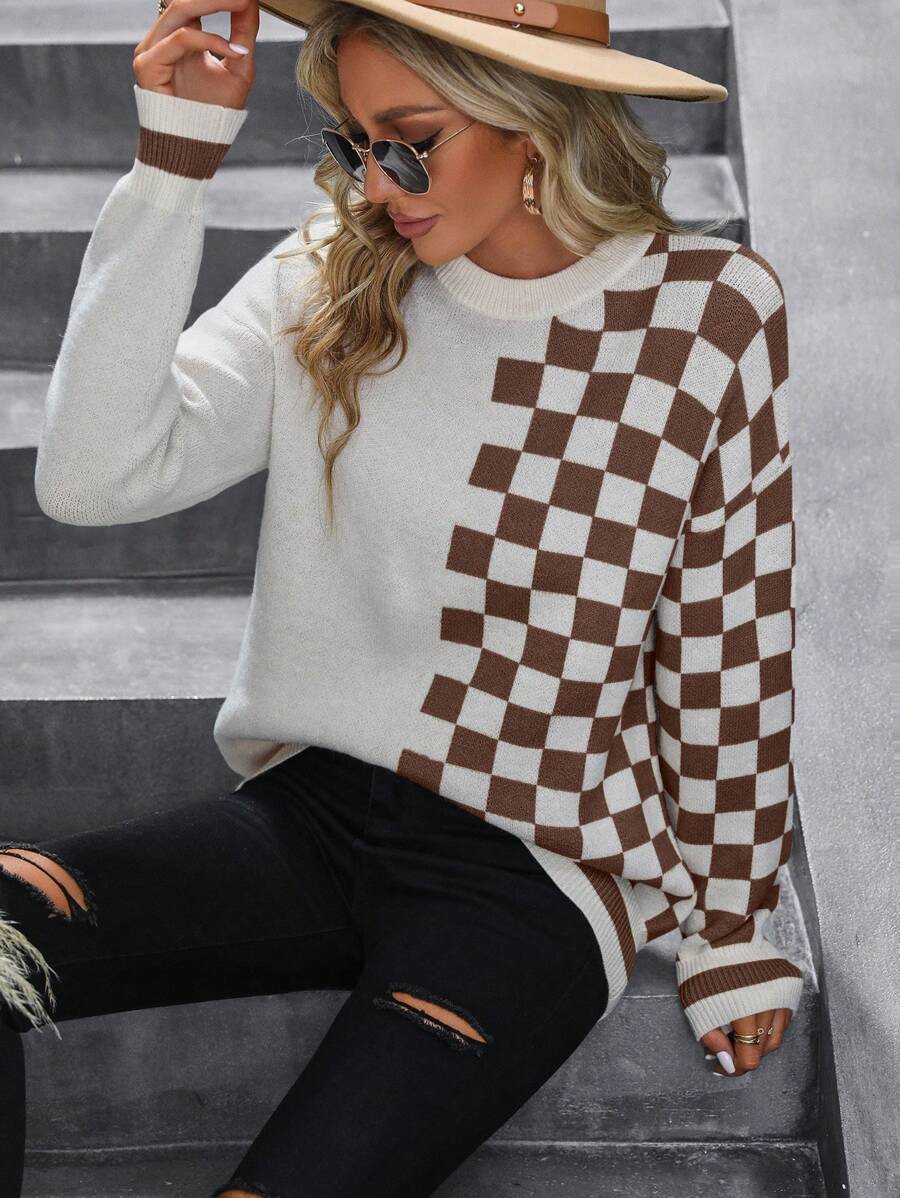 SHEIN LUNE Casual Dropped Shoulder Colorblock Checkered Knit Sweater, Autumn/Winter Knit Pullover Fall Sweater - Coffee Brown - View 1