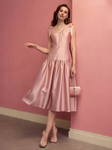 MOTF PREMIUM V-NECK BOW SHOULDER MIDI DRESS FOR WOMEN,VALENTINE'S DAY OUTFIT,SPRING/SUMMER - Pink - View 1