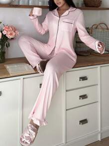 SweetSlumber Women's Casual Lapel Collar Single-Breasted Long Sleeve Top And Pants Pajama Set , Fall Winter Clothes Cozy And Elegant Details - Dusty Pink - View 4