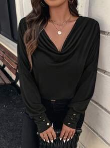 SHEIN Clasi Camiseta de cuello de pico sencilla de talla grande, casual y de moda para uso diario - Negro - Ver 1