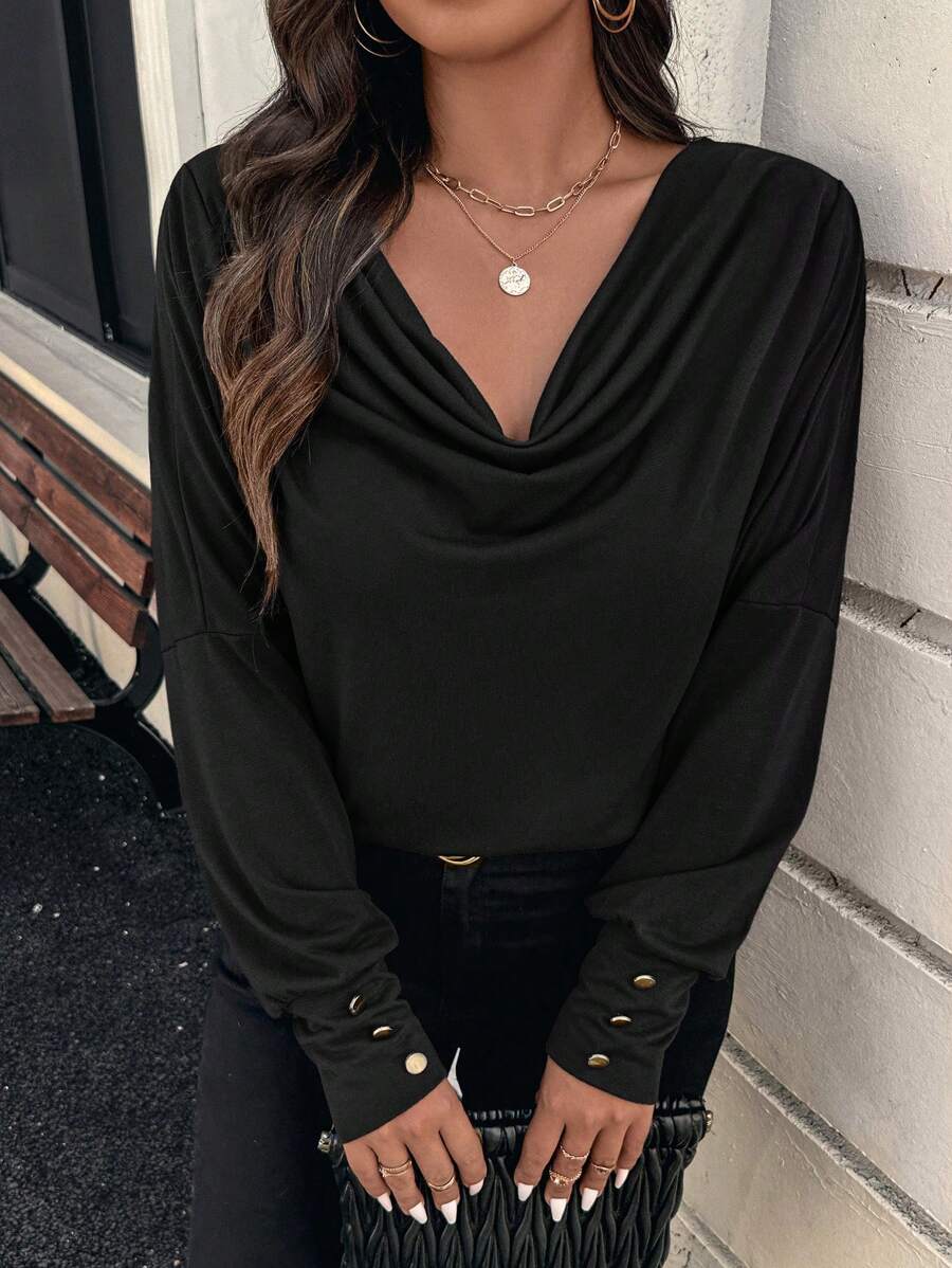 SHEIN Clasi Camiseta de cuello de pico sencilla de talla grande, casual y de moda para uso diario - Negro - Ver 1