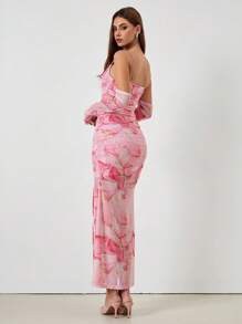 Chiquease 情人节女士粉色扎染印花网眼荷叶边透明迷你吊带连衣裙（配链条肩带） - 粉色 - 查看 3