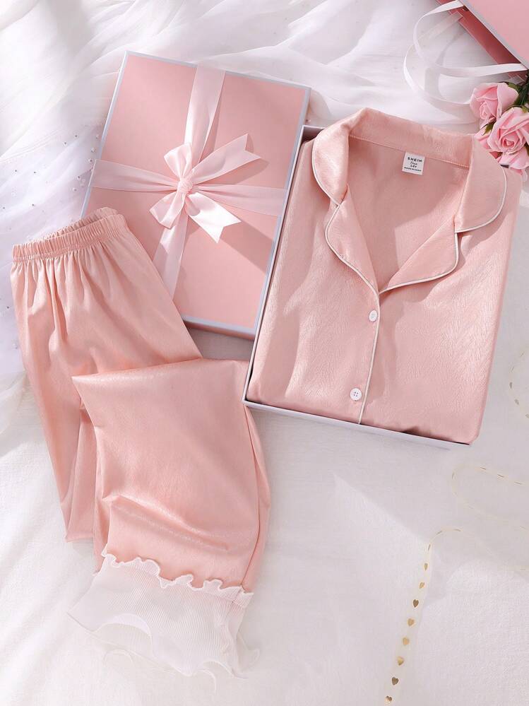 Chaqueta estilo cárdigan de niña adolescente, de tela rosa jacquard de apariencia de seda sintética con textura, de cuello, manga larga, pantalones largos, puños y bajo con volante de doble capa de satén, ropa de estar por casa elegante - Rosa - Añade 1