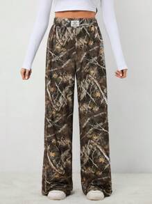 SHEIN Tall Women's Basic Knitted Camouflage Stretch Comfort Army Green Wide Leg Sweatpants