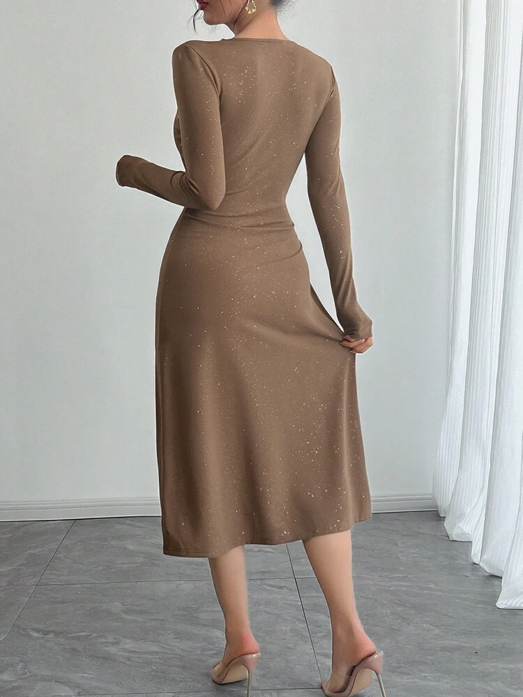 Sequin Decorated Fitted Midi Party Dress For Women With Side Slit Prom Dress,Fall Clothes Long Sleeve Dress