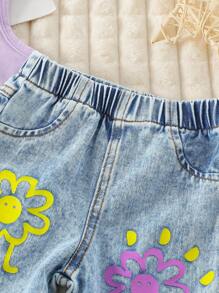 SHEIN Playful Pals 女婴翻领上衣和时尚做旧印花裤套装 - 紫色 - 查看 6