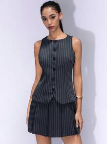 GENKIRA Women Striped Single-Breasted Pleated Sleeveless Tank Dress - Multicolor - View 3