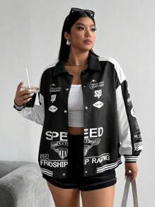 SHEIN MOOSTA Áo khoác chắp vá màu hồng cỡ lớn cho nữ - Đen và trắng - Xem 1