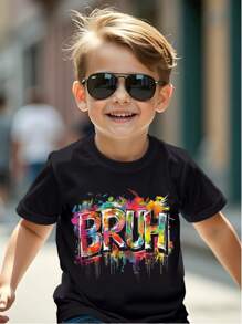 SHEIN 年轻男孩酷字母印花百搭休闲百搭圆领T恤，夏季 - 黑色 - 查看 1