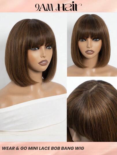 Bob Wig With Bangs Human Hair Short Straight Bob Wig With 2.5"X1" Lace Top Ombre Brown Bob Bang Wig With Very Light Yaki Texture P4/30