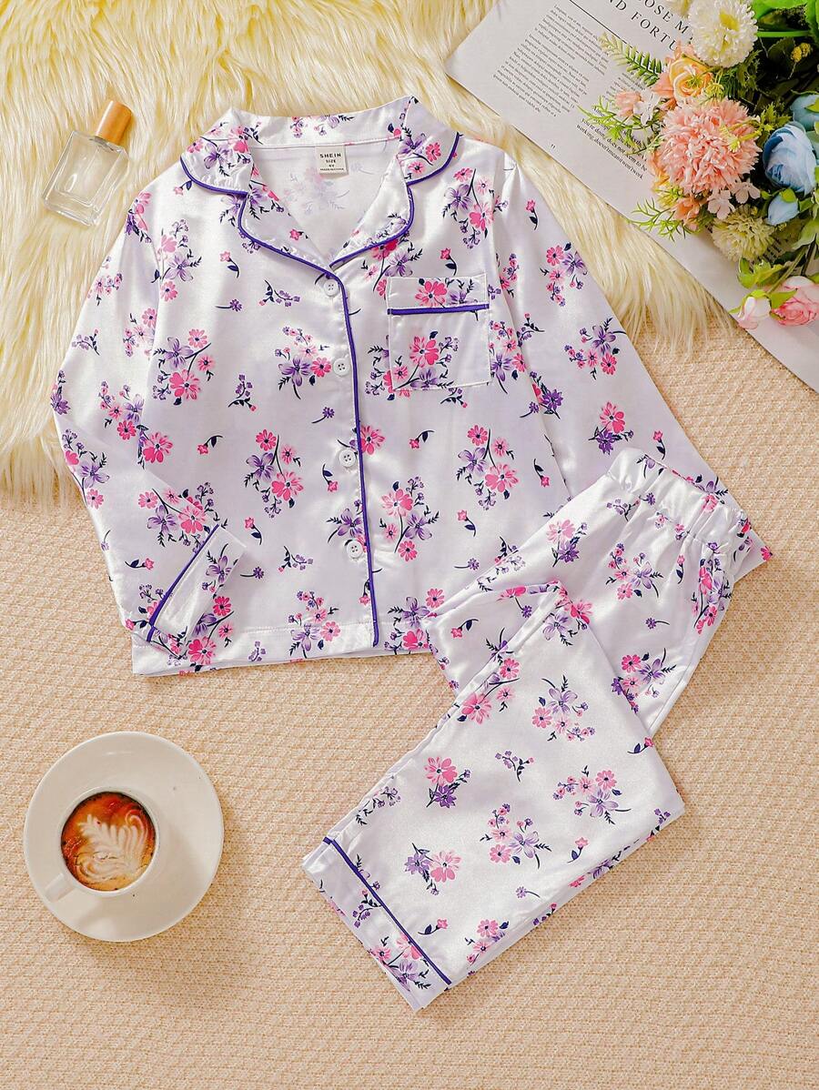 2pcs/Set Young Girl Casual Floral All Over Print Loose Long Sleeve Top And Pants Homewear Set - Multicolor - View 1