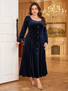 Modelyn Vestido largo elegante de unicolor con botones delanteros para tallas grandes, vestido de mujer maximalista para otoño/invierno