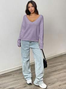 Flirla 女士休闲纯色落肩宽松针织套头毛衣，秋冬针织套头衫 - 紫色 - 查看 6