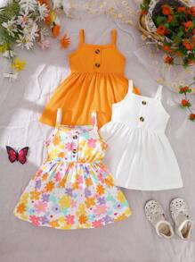 SHEIN Newborn Baby Girls 3-Piece Set: White & Orange Floral Print Strap Dress, Comfortable & Cute, Summer Gift Set - Multicolor - View 1