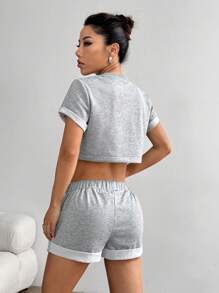 Flirla Casual Crew Neck Pullover Short Sleeve Cropped Sweatshirt With Elastic Waist Drawstring & Side Pockets, Folded Hem Shorts 2Pcs Set