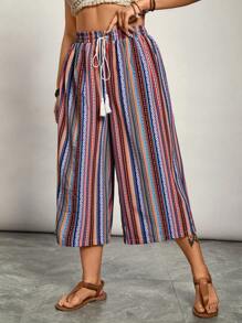 SHEIN VCAY Plus Size Boho Multi-Color Retro Pattern Capri Pants, For Summer - Multicolor - View 3